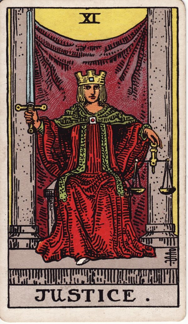 Karta Tarota Sprawiedliwość — ilustracja symboliczna