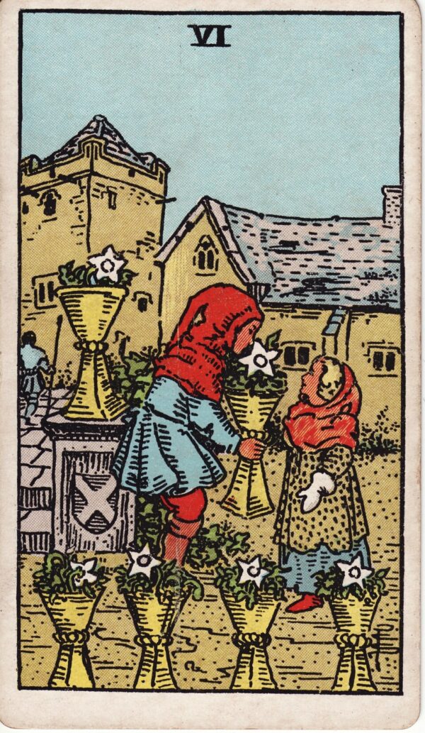 Karta Tarota Szóstka Kielichów — ilustracja symboliczna