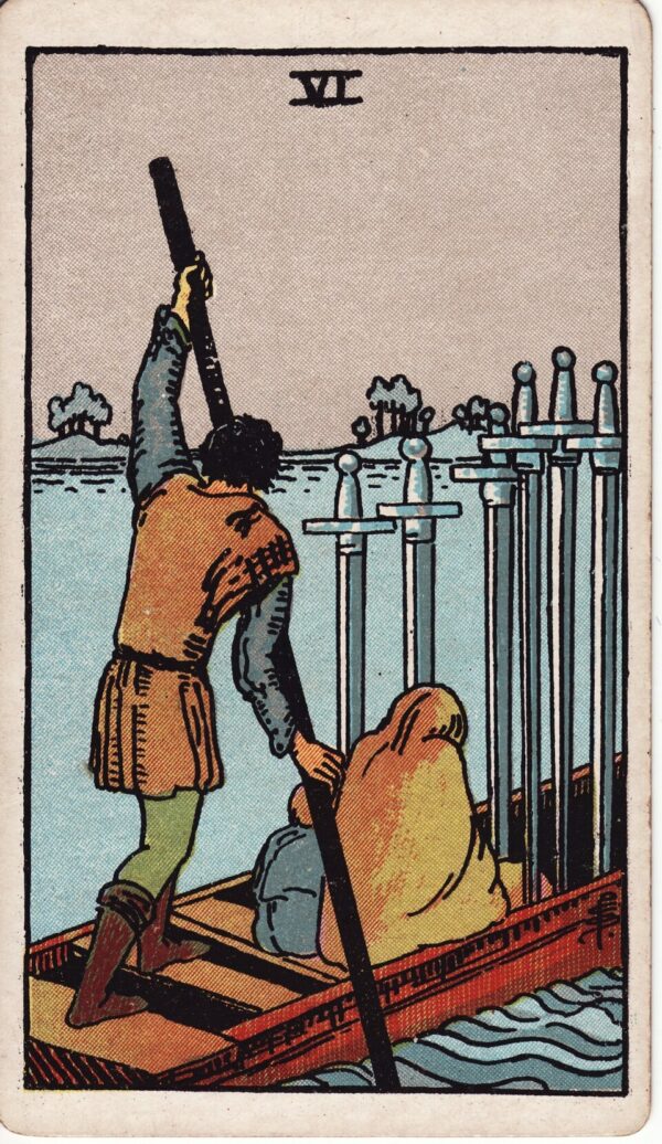 Karta Tarota Szóstka Mieczy — ilustracja symboliczna