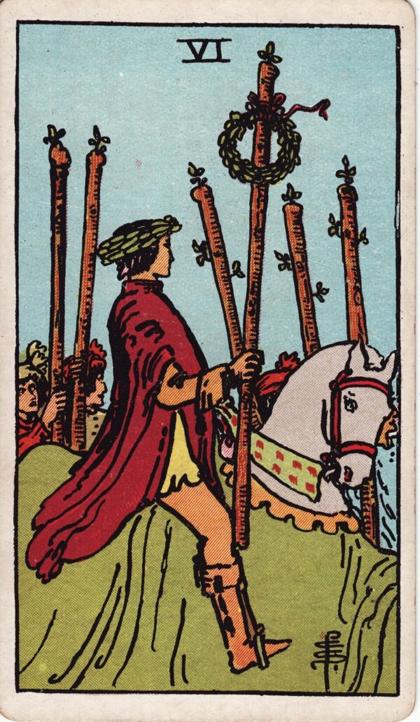 Karta Tarota Szóstka Buław — ilustracja symboliczna